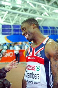 Dwain Chambers doing interview.